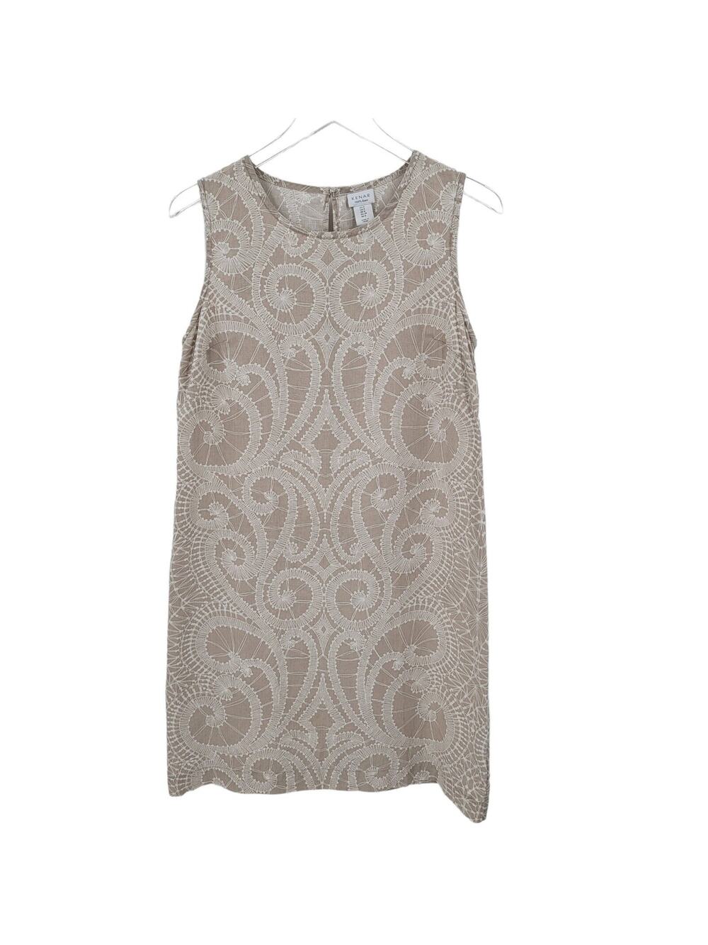 Kenar Linen Shift Dress Womens 4 Paisley Beige White Sleeveless